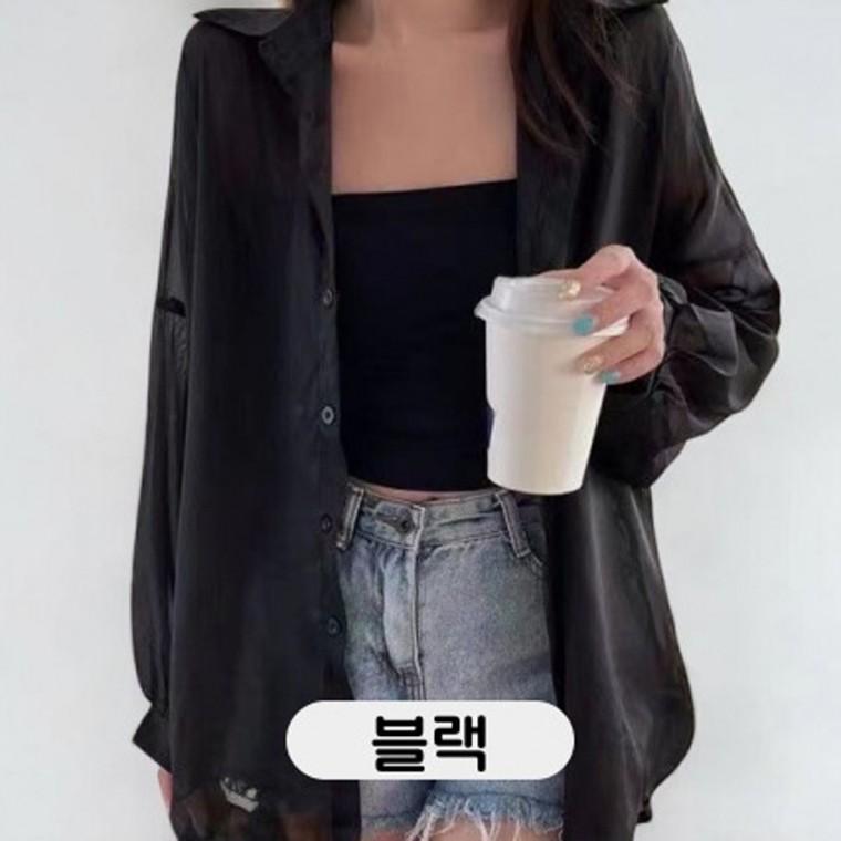 베리노블 시스루 루즈핏 린넨 블랙색 긴팔 셔츠 여름 디자인 캐주얼셔츠