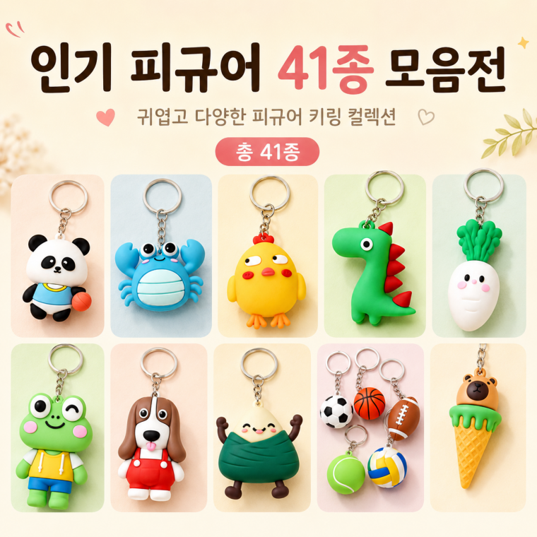 인기 피규어 키링 41종 모음전/강아지 팬더 개구리 꽃게 랍스터 카피바라 채소 공룡 스포츠공 주먹밥 키링