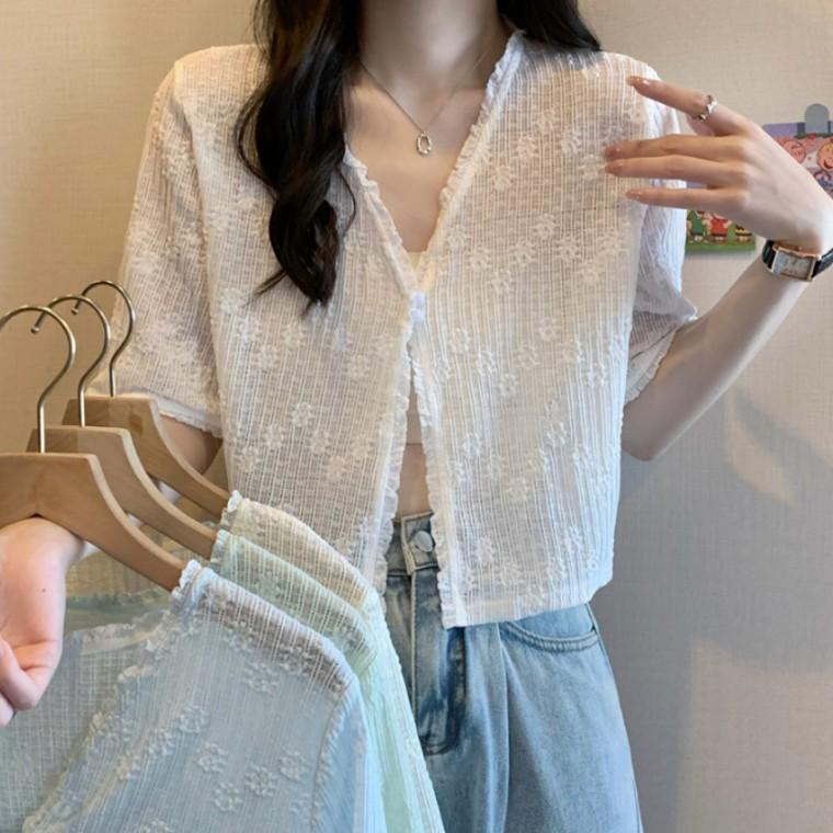 퓨어 프릴 썸머 링클 크롭 가디건