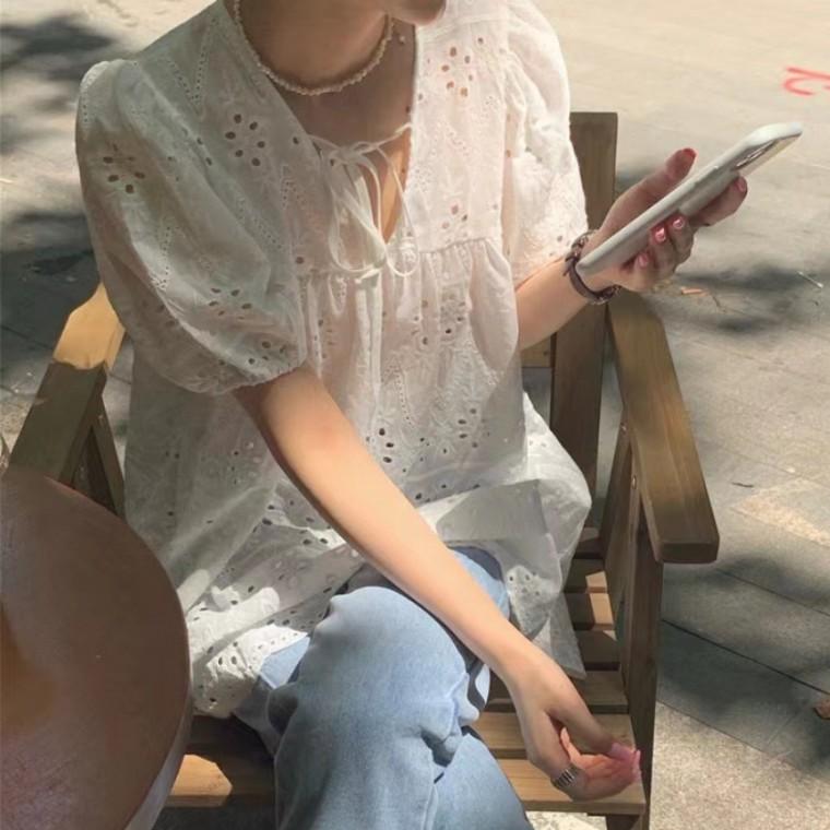 퓨어 아일렛 레이스 펀칭 코튼 롱 블라우스