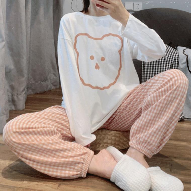 체크 강아지얼굴 파자마세트