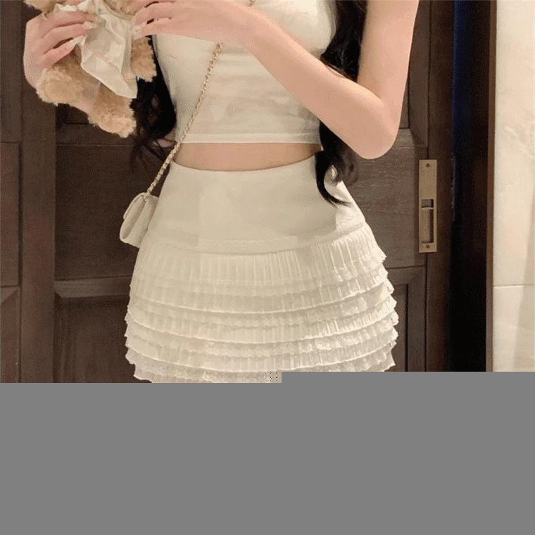 프릴 레이스 밴딩 스커트