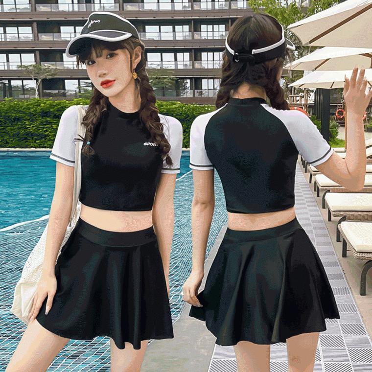 (2pcs)스포티크롭탑 투피스수영복