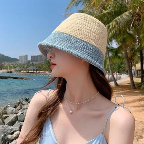 다운 투톤 배색 뜨게 벙거지 모자 선캡 썬캡 봄 여름 겨울 캡모자 나들이 여성 성인 여름 비치 휴가