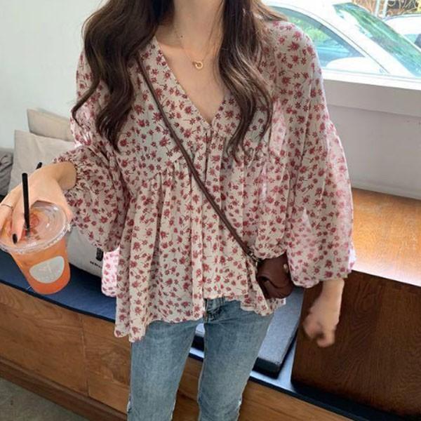 셀레나 플라워 셔링 7부 블라우스 셔츠 티셔츠 가을 겨울 상의 여름 퍼프 8부 상의 블라우스 티셔츠