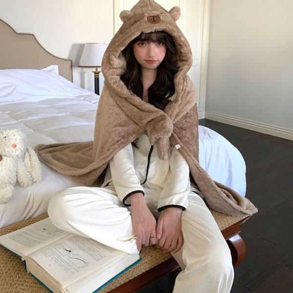 포근 베어 후드 숄 무릎담요 담요 선물 단체 겨울 보온 사무실 휴대용 담요 무릎 극세사 방한