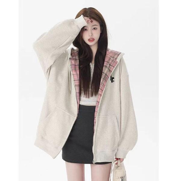 러블리 이너 체크 패턴 후드 점퍼 봄 가을 겨울 아우터 잠바 집업 여성 외투 루즈핏 무지 체크 간절기