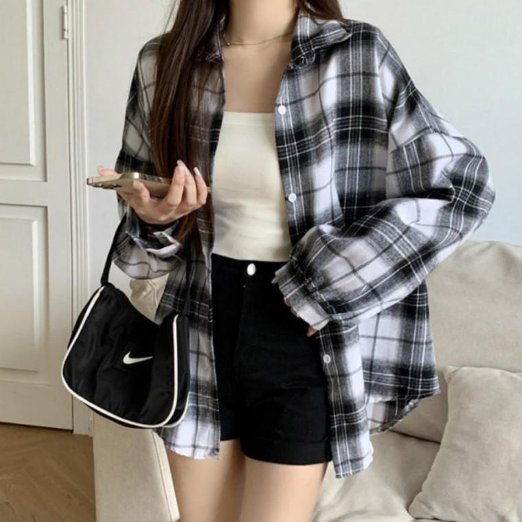 여성 캐주얼 베이직 오버핏 루즈핏 남방 긴팔 체크 셔츠