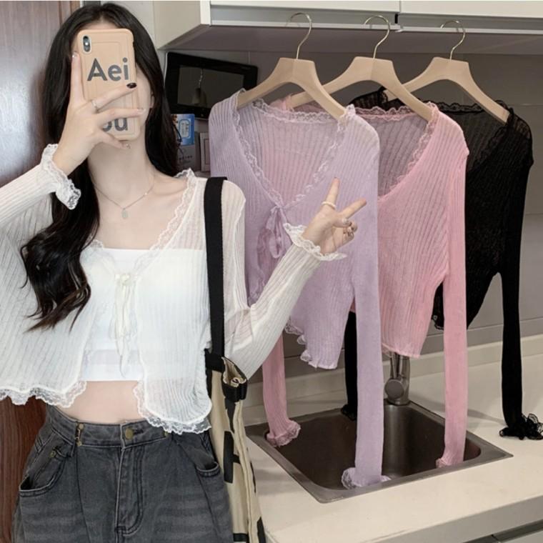 청순 레이스 시스루 골지 타이 가디건 4color