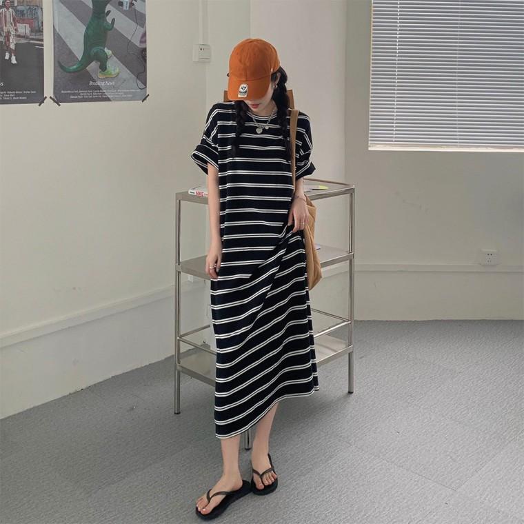 스트라이프 반팔 루즈핏 데일리 캐주얼 롱원피스