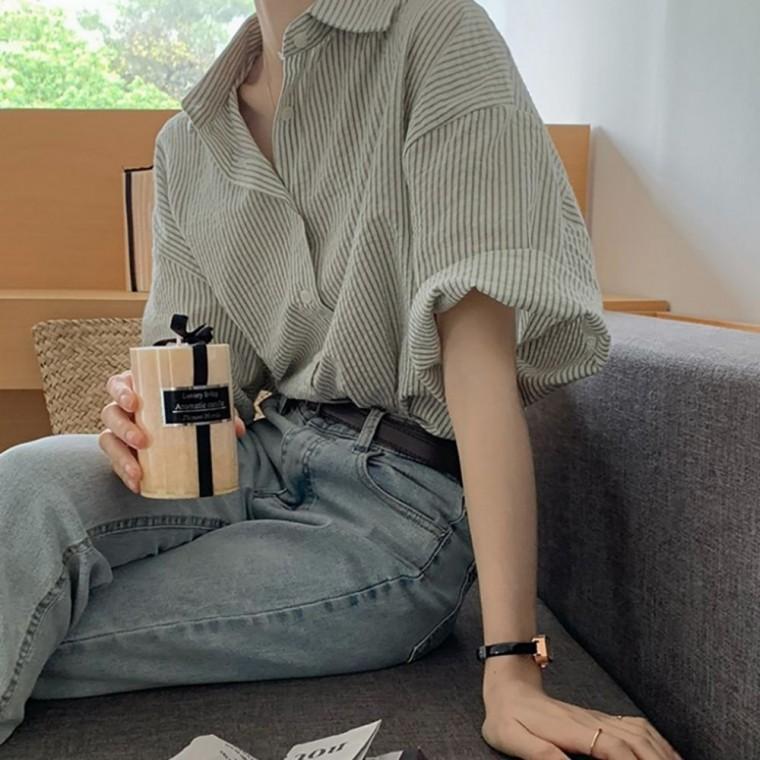 여성 캐주얼 스트라이프 루즈핏 반팔셔츠