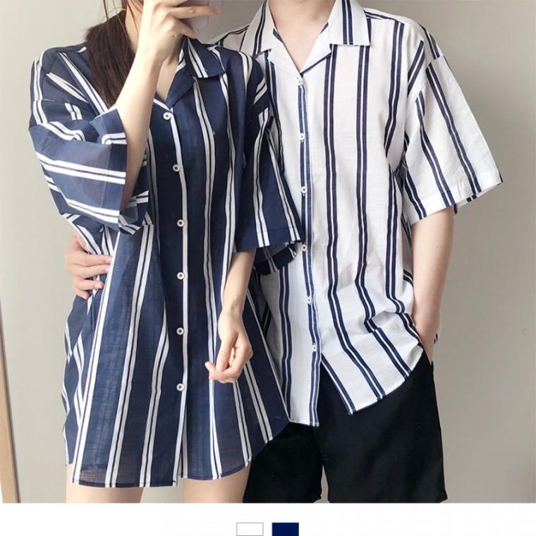 남녀공용 네이비줄지 루즈핏 데일리룩반팔셔츠