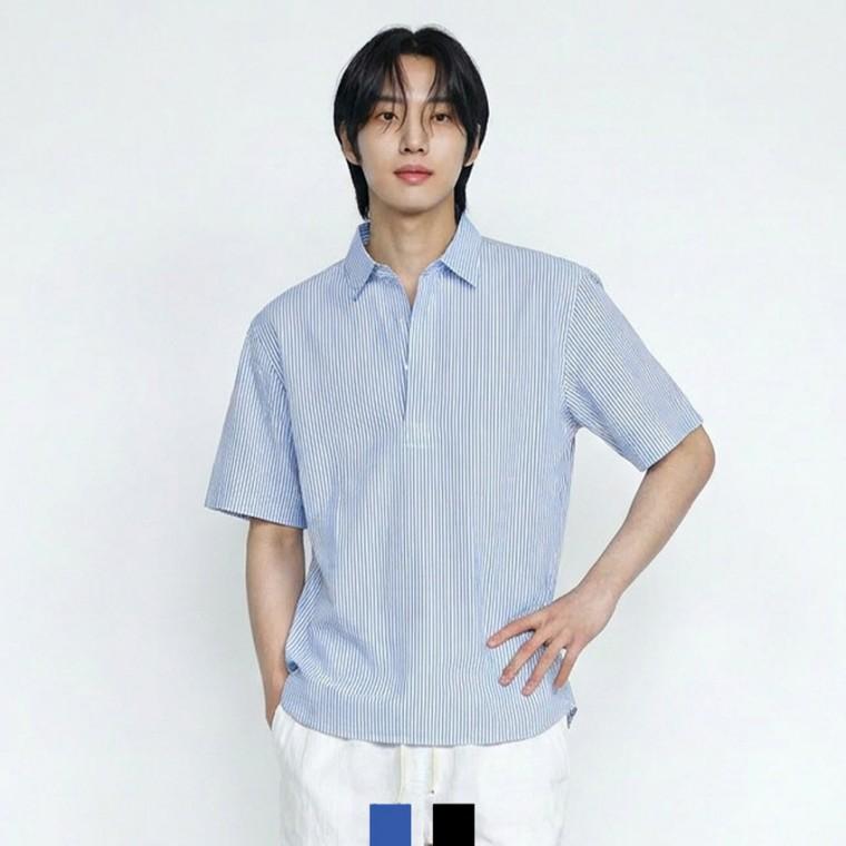 남성 스트라이프 헨리넥 시어서커 루즈반팔셔츠