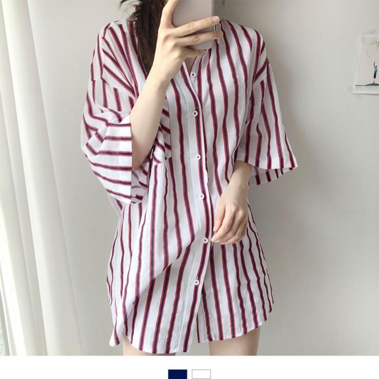 여성 세로줄 롱기장 루즈핏 여름셔츠