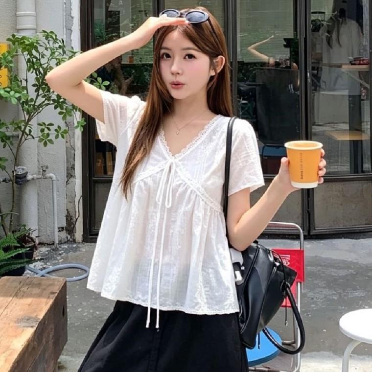 브이넥 레이스 자수 블라우스 LL T212