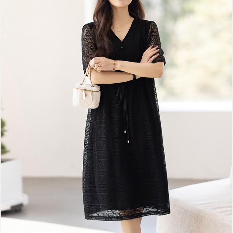 브이넥 시스루 허리끈 망사 원피스 LL D193
