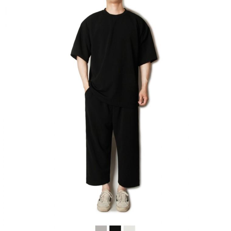 남성 오버핏 반팔셋업 크롭와이드 밴딩팬츠룩