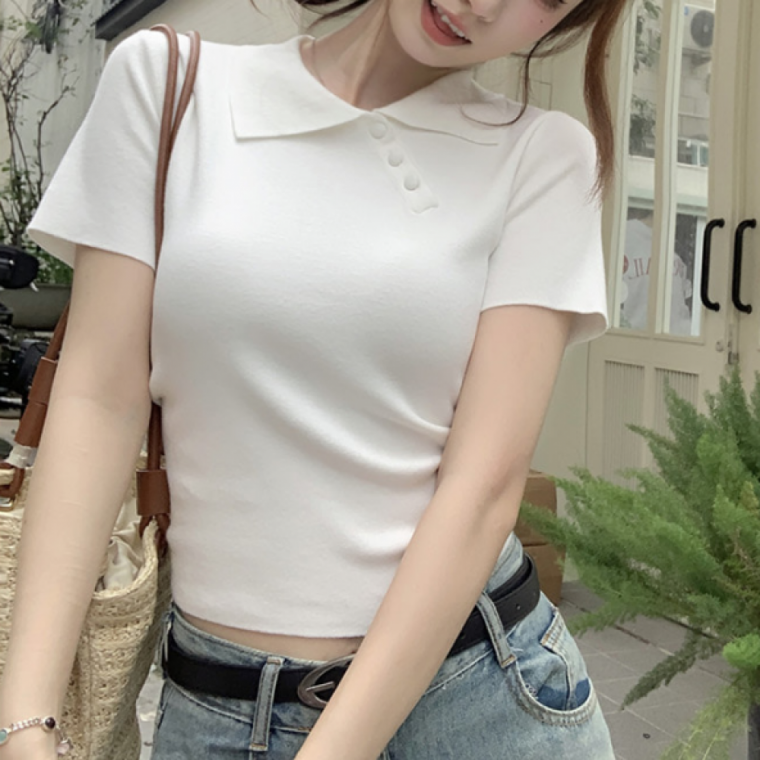 여성 카라 사선 버튼 반팔 티셔츠 슬림핏 여름 데일리 캐주얼룩