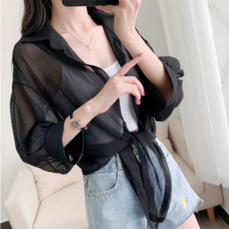 쉬폰 시스루 소프트 블라우스 여성 여름 데일리 하객 긴팔 셔츠