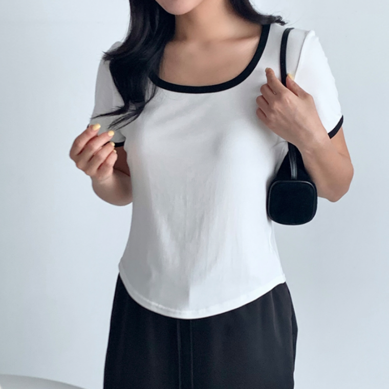 여성 배색 스퀘어 반팔티 캐주얼 데일리 크롭 여름 티셔츠