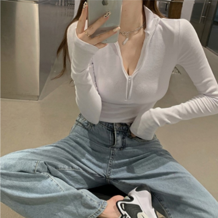 골지 슬림핏 반집업 티셔츠 여성 데일리 캐주얼 스판 긴팔티