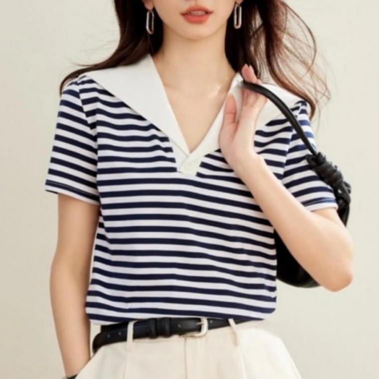 여성 세일러 카라 스트라이프 반팔 티셔츠 데일리 세일러티
