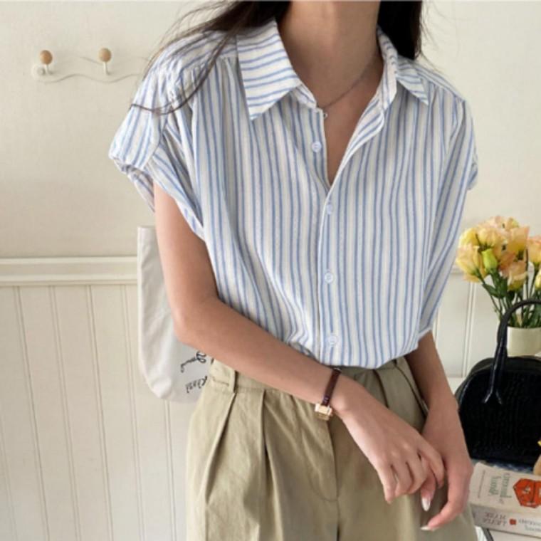 여성 스트라이프 반팔 셔츠 블라우스 카라 데일리 여룸