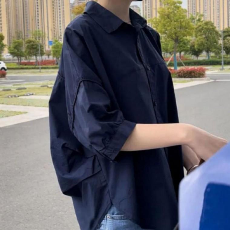 언발 루즈핏 반팔 셔츠 여름 여성 블라우스 남방