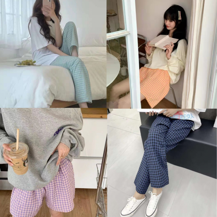 남녀공용 체크 바지 파자마 홈웨어 커플잠옷 5부 반바지 9부바지 55부터77