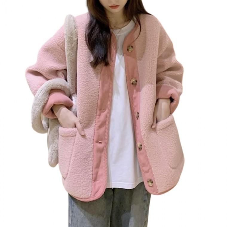여성 뽀글이 후리스 자켓 코듀로이 골덴 배색 점퍼 인조양털 아우터 오버핏 CLBQ1113