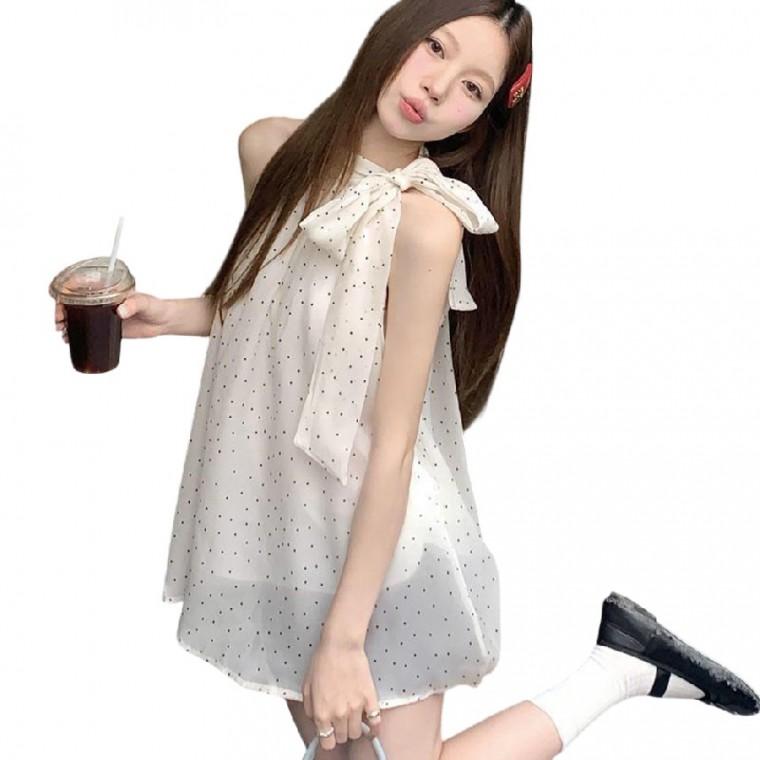 여름 A라인 블라우스 시스루 망사 쉬폰 셔링 민소매 도트 나시 리본