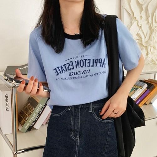 여성 배색 레터링 반팔 크롭 티셔츠 FD-0673