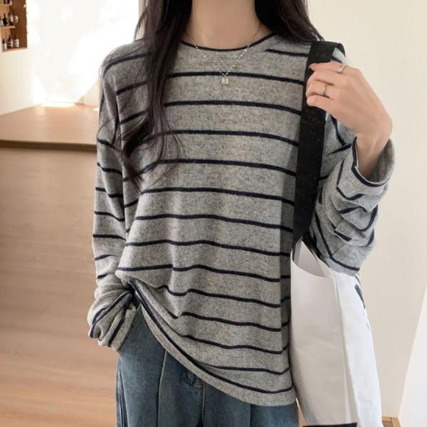 모던 캐주얼 여성 라운드 스트라이프 긴팔티 LK-HB04
