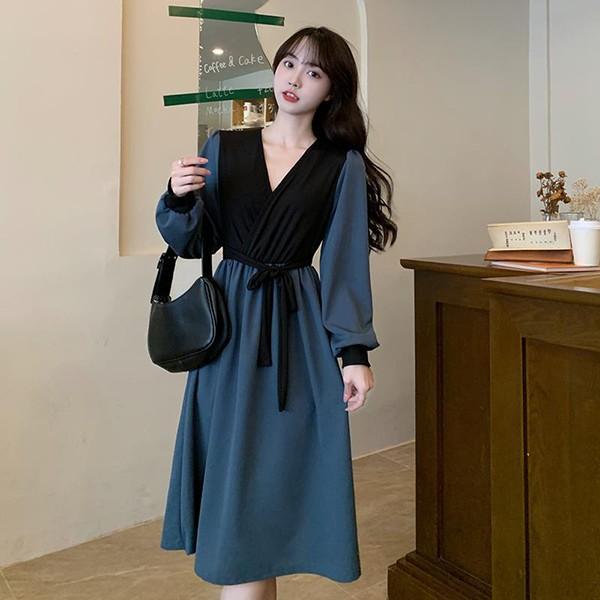 여성 허리 끈 디자인 블루 배색 A라인 원피스 OPC016