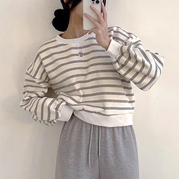 여성 2컬러 크롭 줄무늬 데일리 티셔츠 LK-TA14