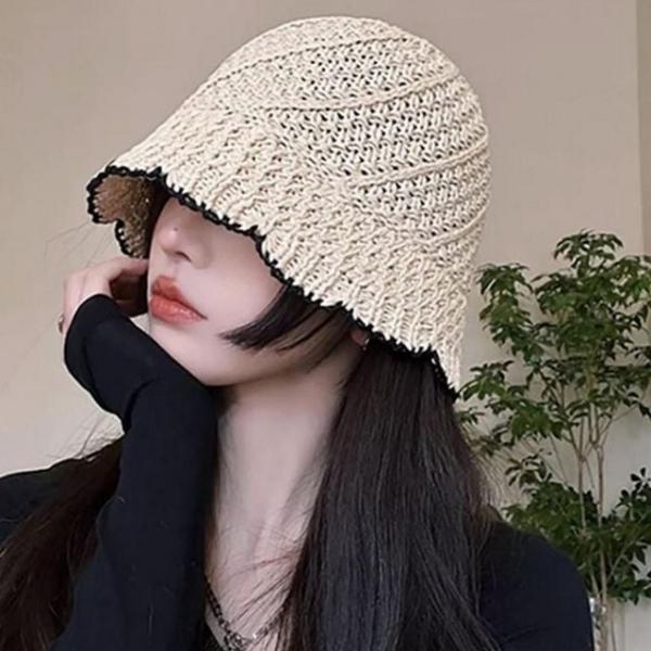 여성 밀짚 휴가 물결 벙거지 배색 왕골 모자 버킷햇