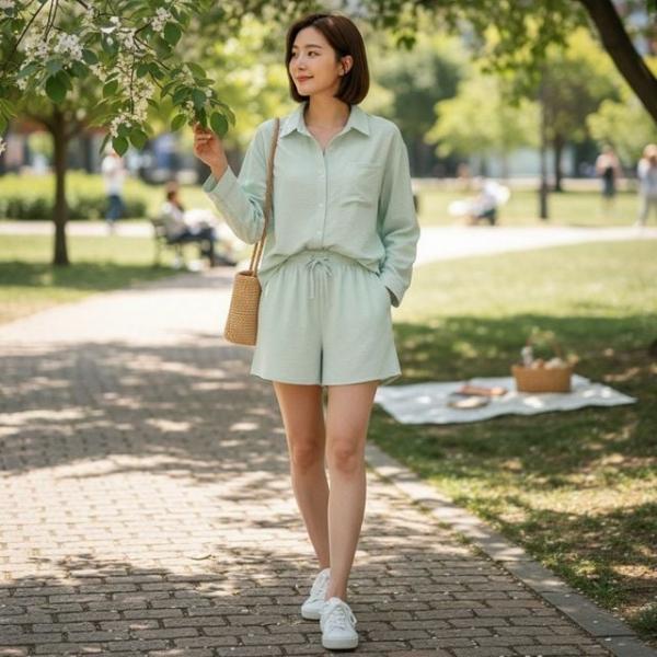 여성 린넨 긴팔 셔츠 숏 반바지 투피스 세트 민트 여름