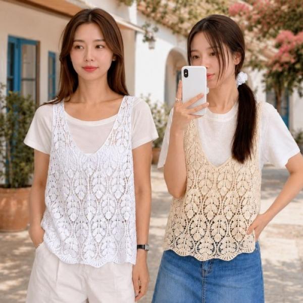 여름 브이넥 뜨개 니트 나뭇잎패턴 나시 조끼