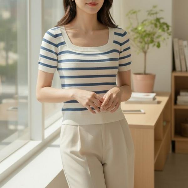 캐치아 단가라 스퀘넥 여름니트 티셔츠 SD-260710