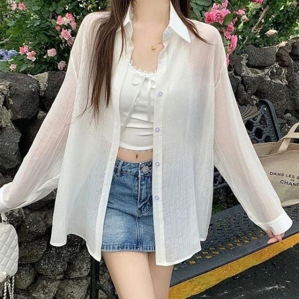 여성 여름 시스루 얇은 셔츠 긴팔 플 남방 4색