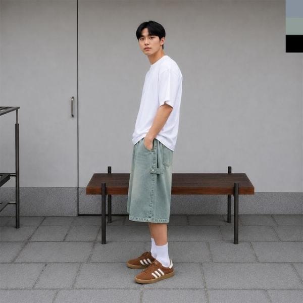남성 인기 여름 오버핏 워싱 스냅 데님 버뮤다 밴딩 팬츠