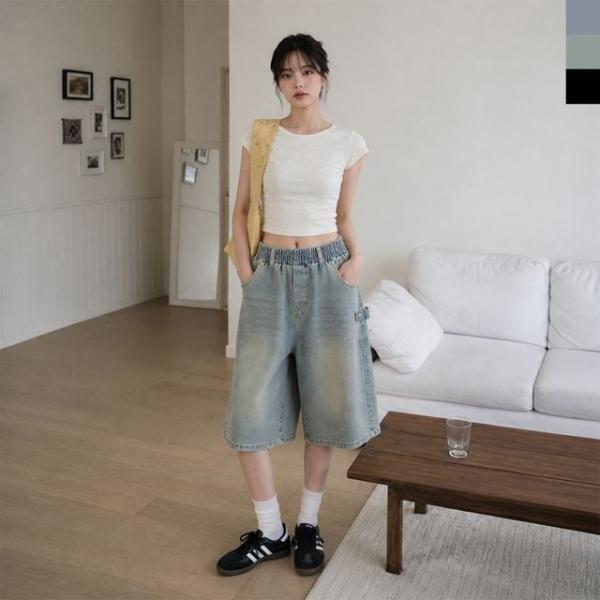 여성 인기 여름오버핏 워싱 스냅 데님 버뮤다 밴딩 팬츠