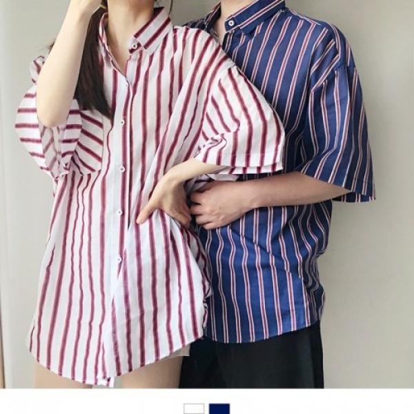 남녀공용 여름 오버핏 스트라이프 셔츠
