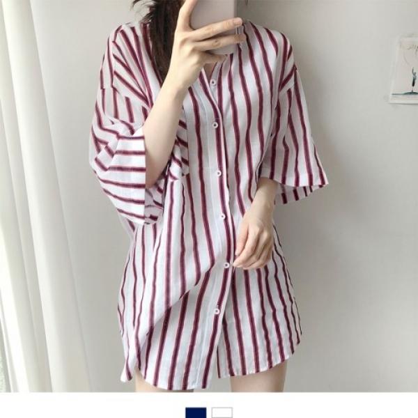 여성 세로줄 롱기장 루즈핏 여름셔츠