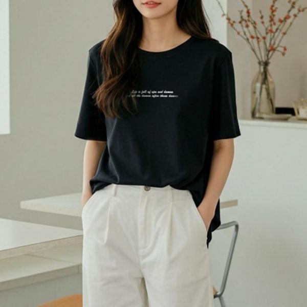 여성반팔티 스판 라운드 레이어드티셔츠 기본 루즈핏 여성티셔츠 여름 여성 레터링 티셔츠