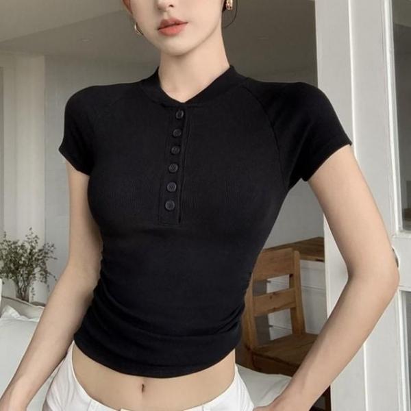 여름반팔티 골지 여자반팔티 크롭 여성 셔링 여성크롭티 반팔티 여름상의 여성반팔티셔츠 캡소매 스판