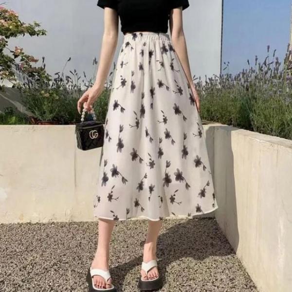 롱스커트 여성 데일리 여성스커트 여름 치마 A라인 플라워 밴딩 쉬폰 a라인