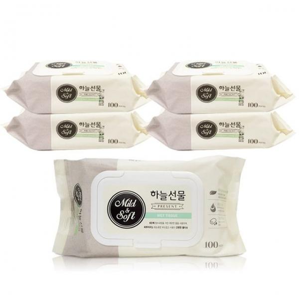 하늘선물 물티슈 캡형 100매x(5개) 휴대형 유아 아기