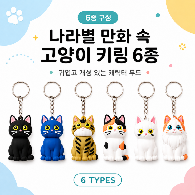 인형키링/나라별 만화 속 고양이 키링 6종 /가방고리 열쇠고리 자동차키링/고양이 캐릭터키링/KEY-113118