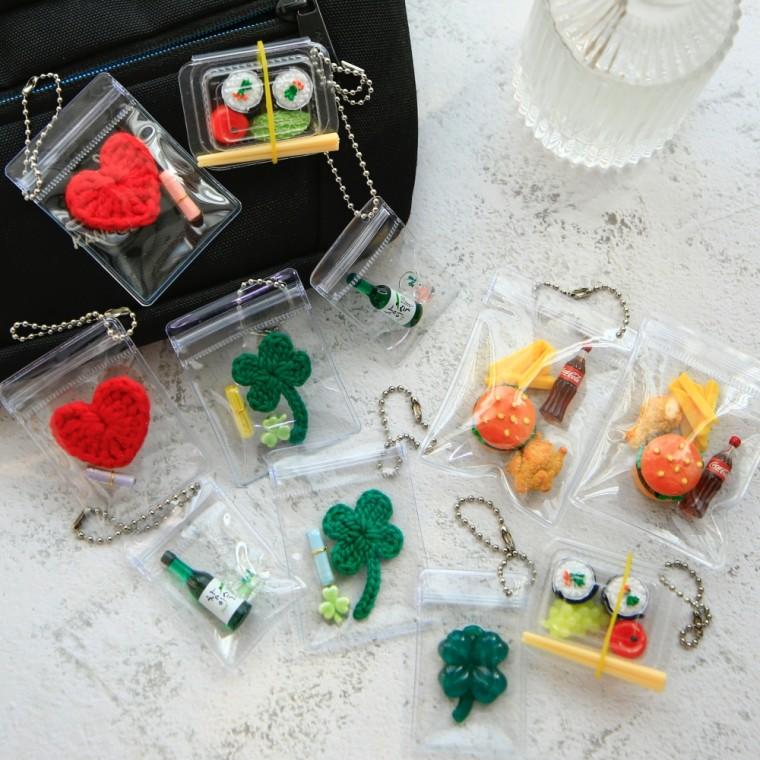 뜨개 네잎클로버 하트 미니 투명 PVC 지퍼백 키링 [6종 도시락 클로버 햄버거 세트 음식 김밥 소주 모형]